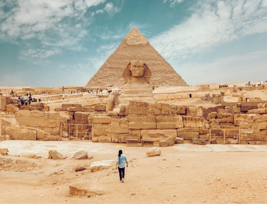 A soft focus of the Great Pyramid and Sphinx of Giza in Egypt.