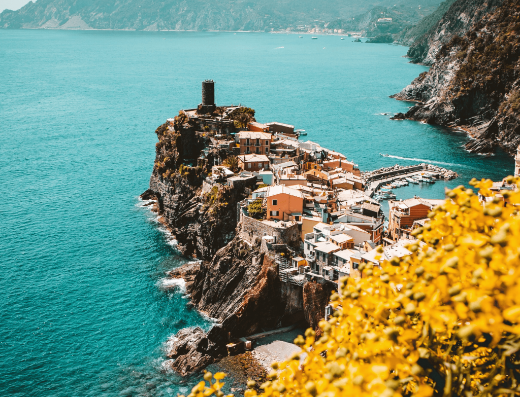 Beautiful view of a coastal village nestled on rugged cliffs in southern Italy.