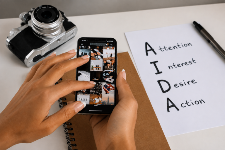 Hands scrolling a phone photo grid beside a camera and a handwritten AIDA framework note on social content strategy.
